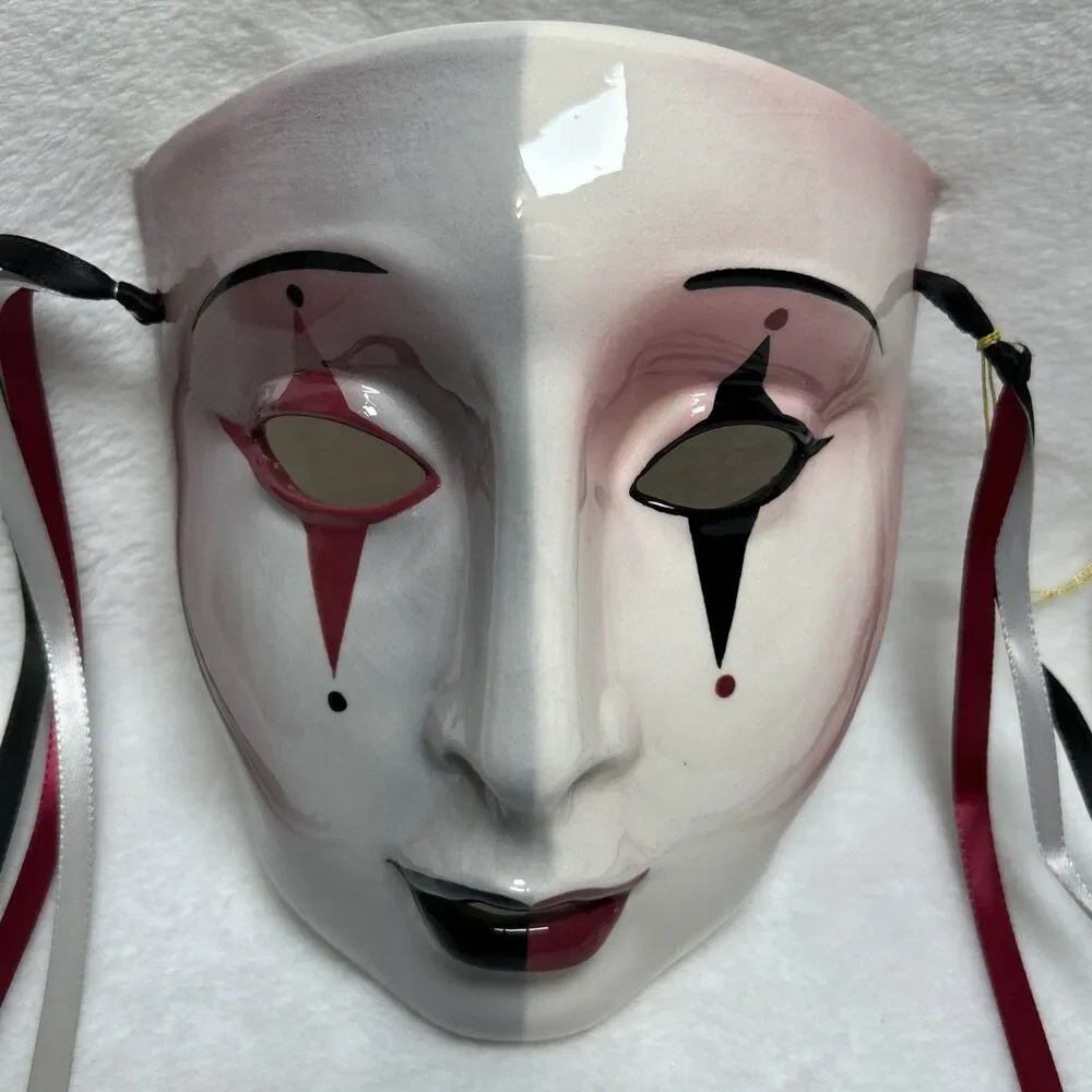 Clay Art Glazed Harlequin Masquerade Face Mask Hanging Ribbons Hand Painted